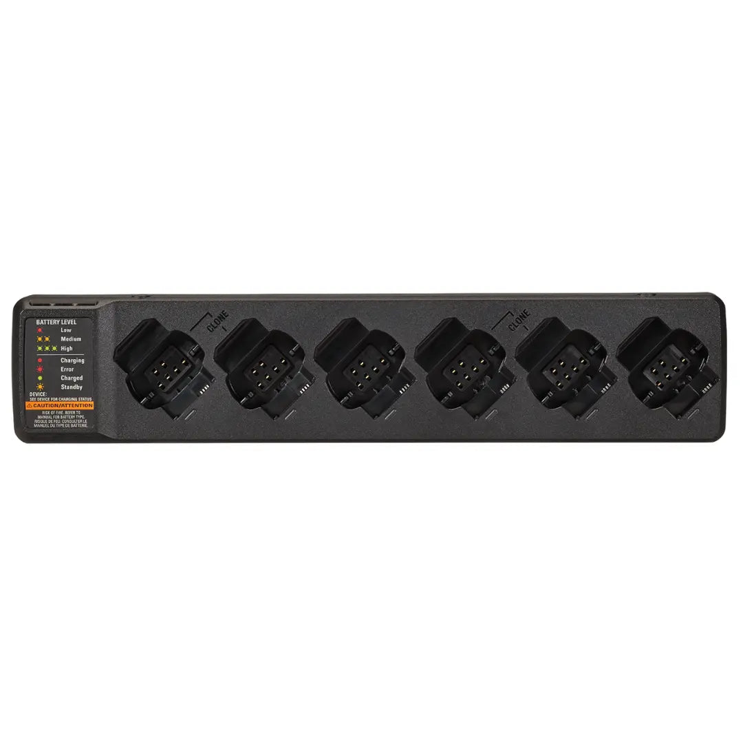 Image of the Motorola PMPN4589 CURVE DLR110 Multi-Unit Charger, featuring six charging slots designed for efficient and simultaneous charging of Motorola CURVE DLR110 radios, ideal for businesses requiring streamlined communication equipment management.