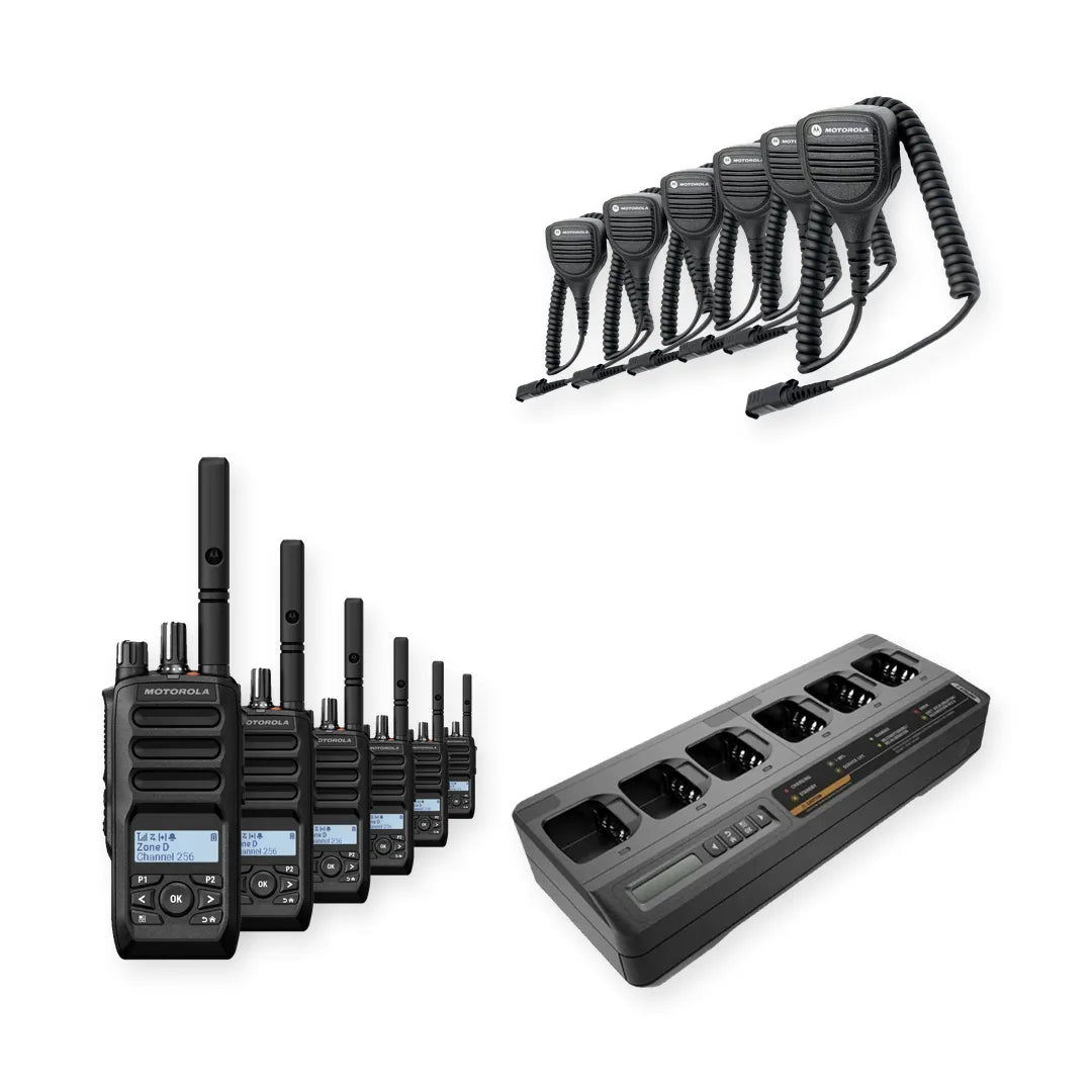 Motorola R5 Display Radio 6 Pack Bundle with Speaker Microphones and Multi Unit Charger