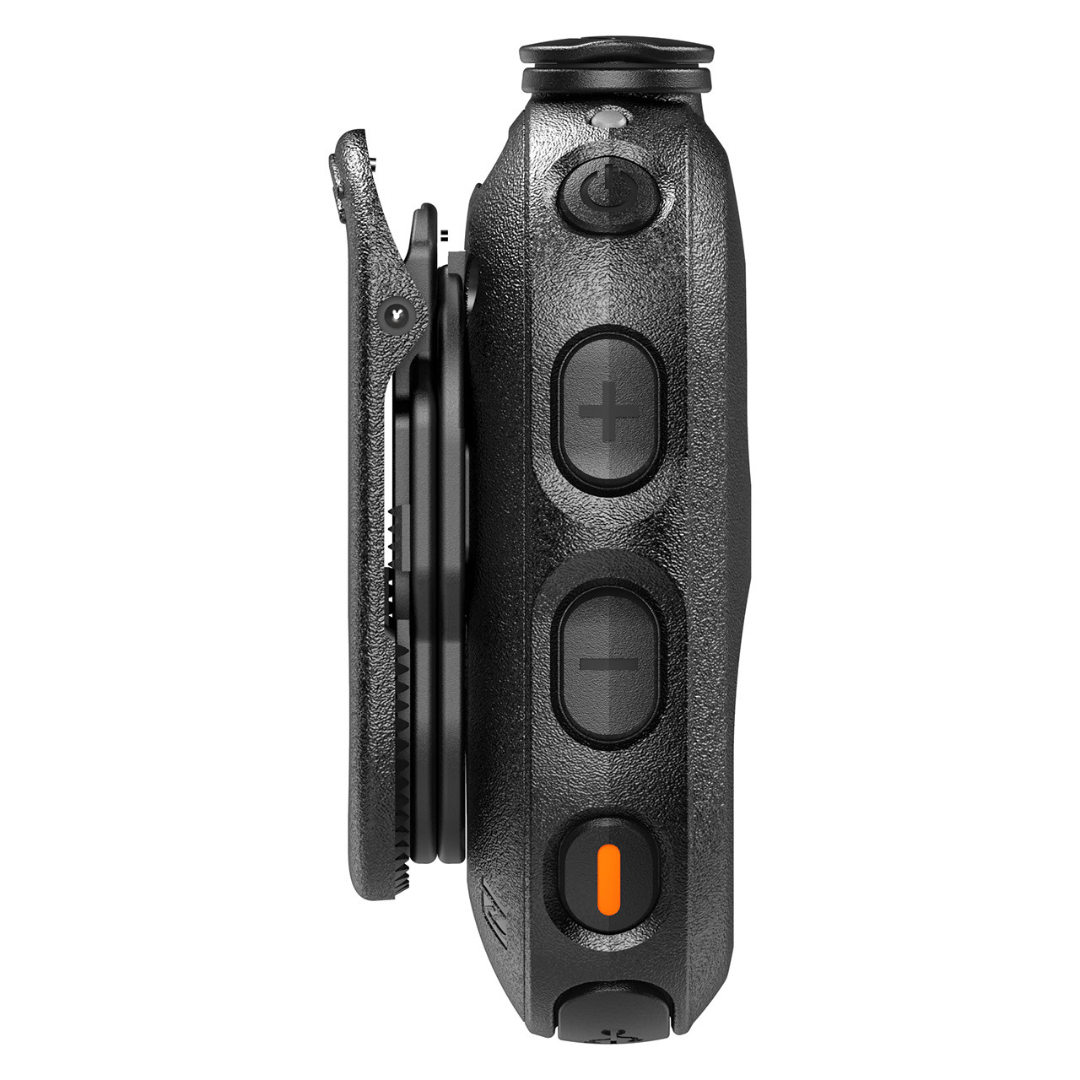 Side View of option buttons and clip. Black Motorola PMLN8298 - WP300 Wireless Bluetooth Control Pod with buttons on the front, for hands-free communication with Motorola two-way radios.