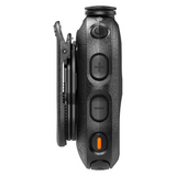 Side View of option buttons and clip. Black Motorola PMLN8298 - WP300 Wireless Bluetooth Control Pod with buttons on the front, for hands-free communication with Motorola two-way radios.