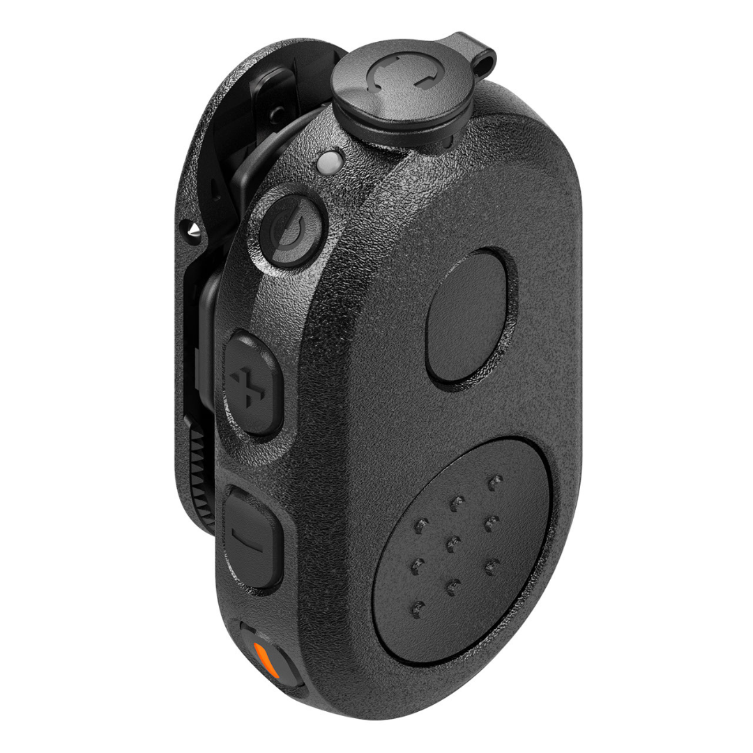 Top Diagonal view of Side buttons and Push-to-Talk Button Black Motorola PMLN8298 - WP300 Wireless Bluetooth Control Pod with buttons on the front, for hands-free communication with Motorola two-way radios.