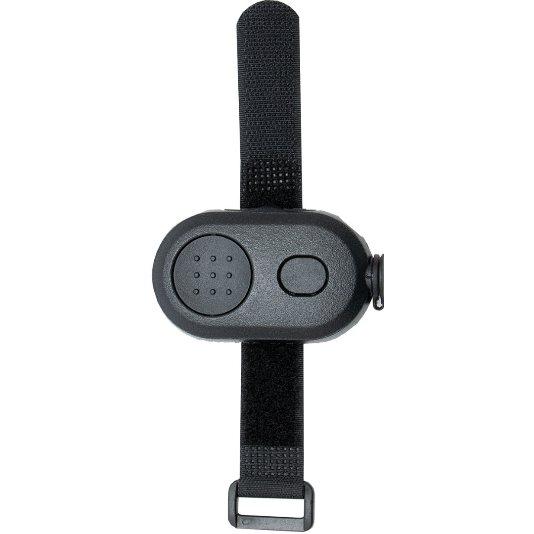 Motorola PMLN8332 Vehicle Mount. Black plastic mount with adjustable arm and clip designed to hold a Motorola WP300 Wireless Bluetooth Control Pod for hands-free communication in a vehicle.