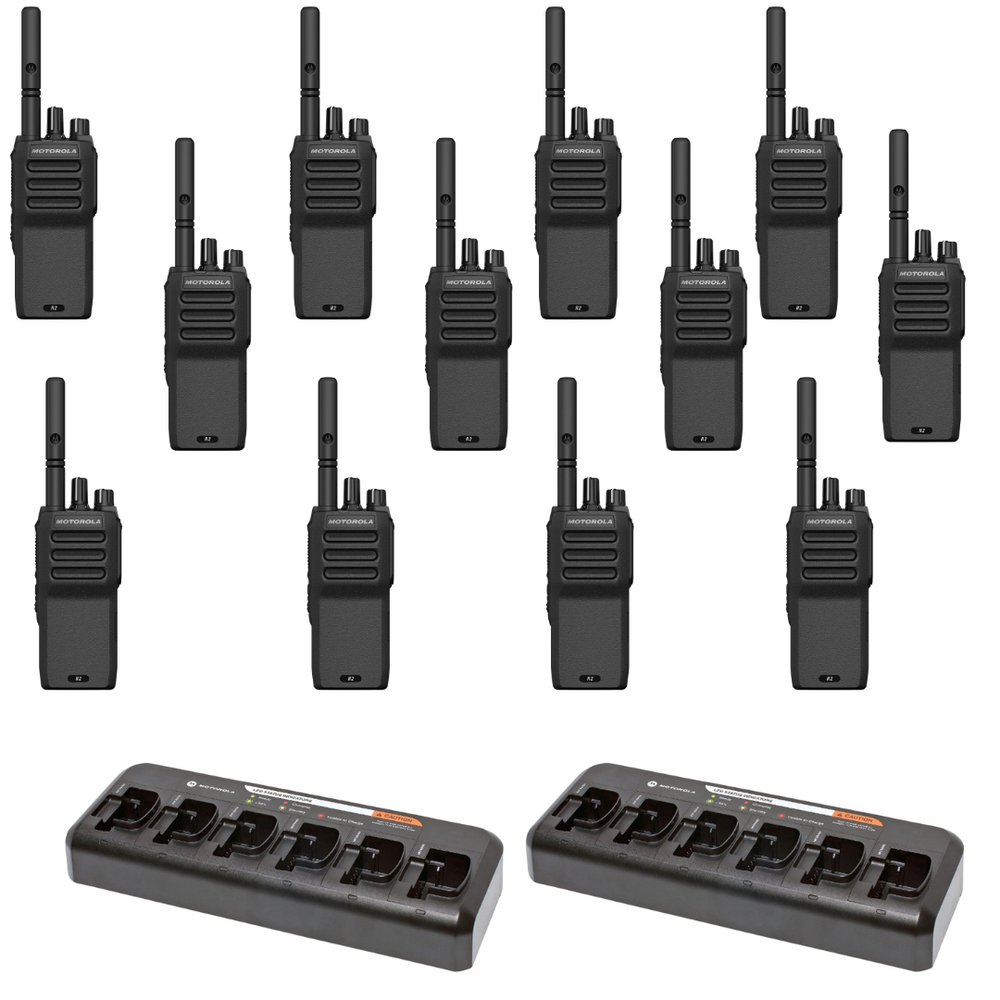 Motorola R2 Radios 12-Pack with PMMN4013A Remote Speaker Microphone and Charging Kit