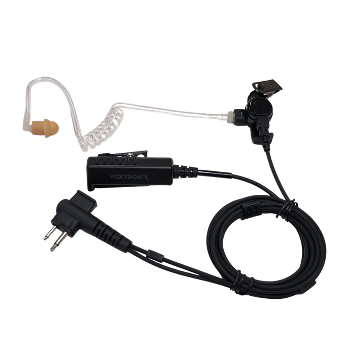 Black, two-wire surveillance headset with a clear acoustic tube, earbud, and in-line PTT button. It has two molded rubber ear tips and a clip for attaching to a shirt or lapel.