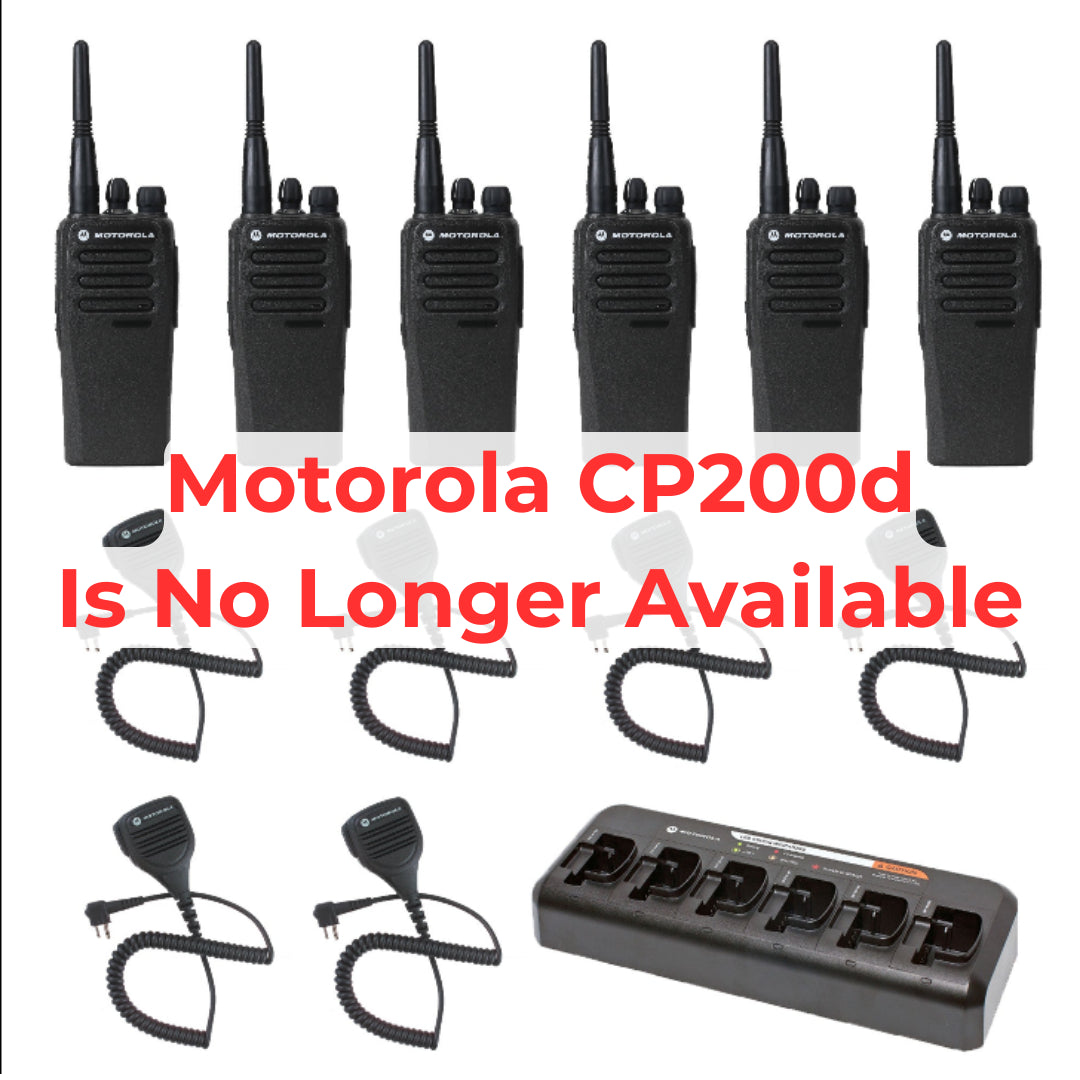 6 pack Motorola CP200d MotoTRBO Portable Radio plus Motorola OEM multi unit charger plus speaker microphones