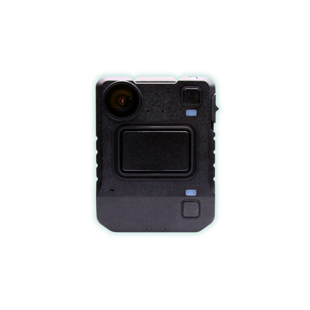 This is an image of a Motorola VB400 Body-Worn Camera. The device has a rugged, rectangular design with a prominent camera lens in the upper left corner. It features several buttons and indicators on the front, with a central rectangular area likely for display or interaction. The camera is outlined with a green glow, highlighting its robust and professional appearance.