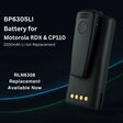 BP6305LI 2200 mAh Li-Ion replacement battery with built-in belt clip, engineered with Japanese cells for Motorola RDX Series (RDU2020/2080D/4100/4160D/RDV5100) and CP110 radios; promoted as a direct drop-in substitute for the OEM RLN6308 / RLN6308A ultra-high-capacity 2400 mAh pack.