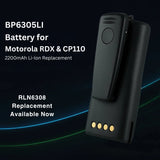 BP6305LI 2200 mAh Li-Ion replacement battery with built-in belt clip, engineered with Japanese cells for Motorola RDX Series (RDU2020/2080D/4100/4160D/RDV5100) and CP110 radios; promoted as a direct drop-in substitute for the OEM RLN6308 / RLN6308A ultra-high-capacity 2400 mAh pack.