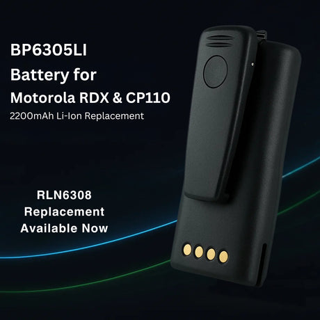 BP6305LI 2200 mAh Li-Ion replacement battery with built-in belt clip, engineered with Japanese cells for Motorola RDX Series (RDU2020/2080D/4100/4160D/RDV5100) and CP110 radios; promoted as a direct drop-in substitute for the OEM RLN6308 / RLN6308A ultra-high-capacity 2400 mAh pack.