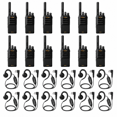 Twelve Motorola BPR45 radios and twelve HKLN4604 earpieces with PTT shown individually on white