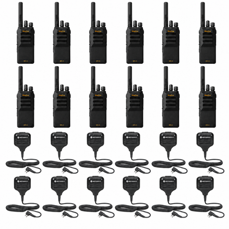 Twelve Motorola BPR45 radios and twelve HKLN4606 remote speaker microphones shown individually on white
