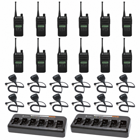 Motorola CP100D Limited-Display 12 Pack bundle with multi unit charger and Speaker Microphones; 12 radios, 12 matching audio accessories and 2 six-bay chargers