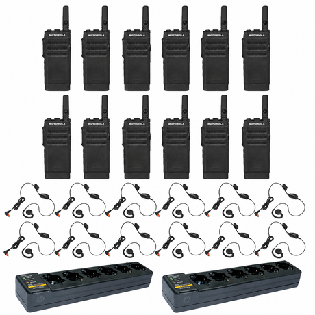 Motorola SL300 Non Display 12 Pack plus 2 Multi Unit Charger plus 12 PMLN7189 Swivel Earpiece; 12 radios, 12 matching audio accessories and 2 six-bay chargers