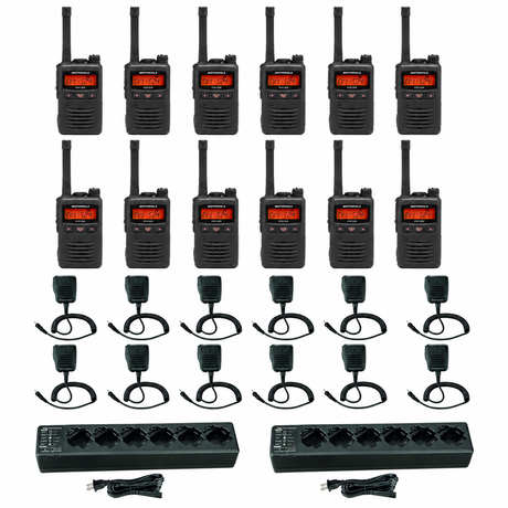 Motorola EVX-S24 3 Watt 256 Channel Digital Radio 12 pack with 2 Multi Unit Chargers and Speaker Microphones; 12 radios, 12 matching audio accessories and 2 six-bay chargers