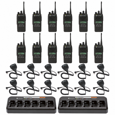 CP185 Motorola 12 Unit Bundle w/ 2 PMLN6597 Multi-Unit Chargers & 12 PMMN4013 Speaker Microphones; 12 radios, 12 matching audio accessories and 2 six-bay chargers