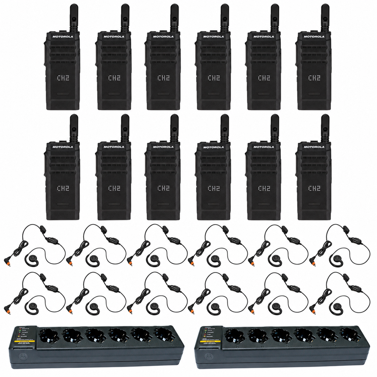 Motorola SL300 Display 12 Pack plus 2 Multi Unit Charger plus 12 PMLN7189 Swivel Earpiece; 12 radios, 12 matching audio accessories and 2 six-bay chargers