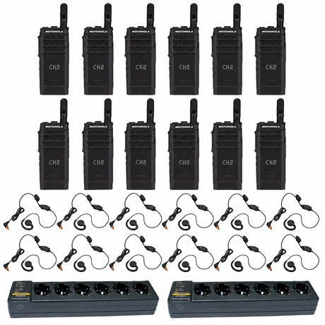 Motorola SL300 Display 12 Pack plus 2 Multi Unit Charger plus 12 PMLN7189 Swivel Earpiece; 12 radios, 12 matching audio accessories and 2 six-bay chargers