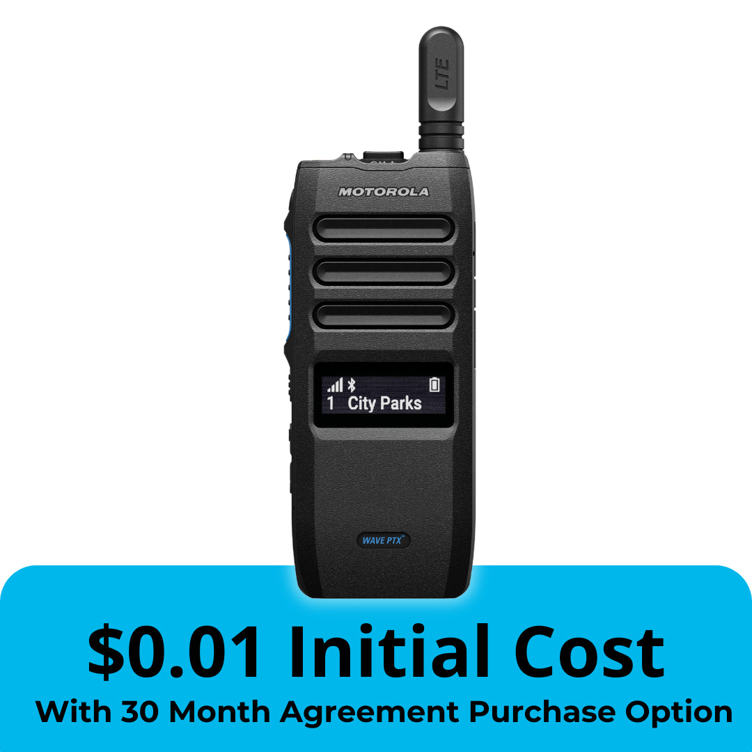 Buy Motorola TLK110 LTE two-way radio—rugged push-to-talk walkie talkie for business use with display showing an active channel.
