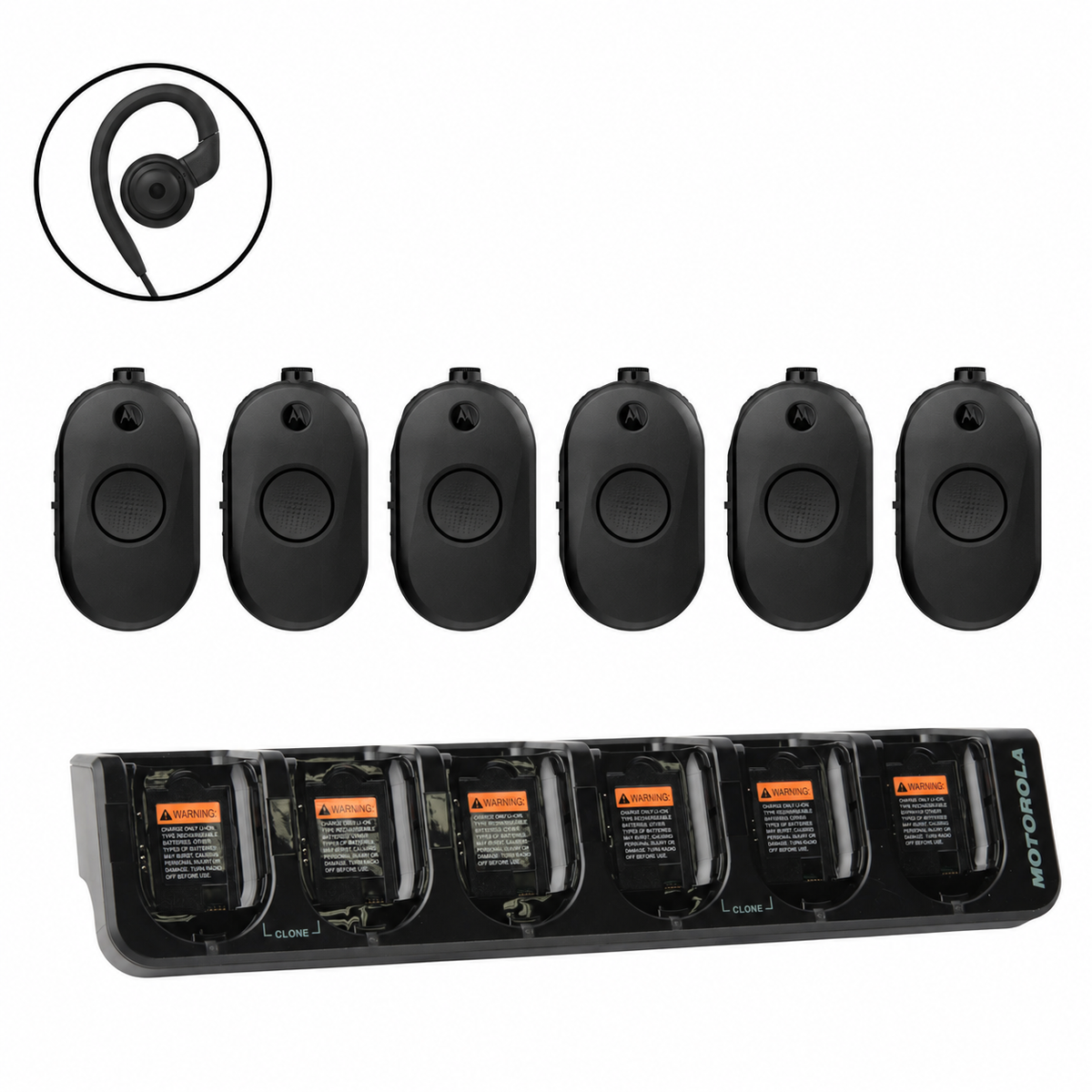 Motorola CLP1010e six-radio bundle with HKPN4007 multi-unit charger and earpiece