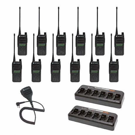 Motorola CP100d full-keypad display twelve-radio bundle with two multi-unit chargers and speaker microphone