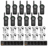 Twelve Motorola CURVE DLR110 radios and twelve PMLN8311 wired earpieces on white.
