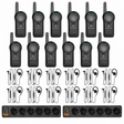Twelve Motorola CURVE DLR110 radios, twelve PMLN8311 wired earpieces and two PMPN4589 six-bay charging banks on white.