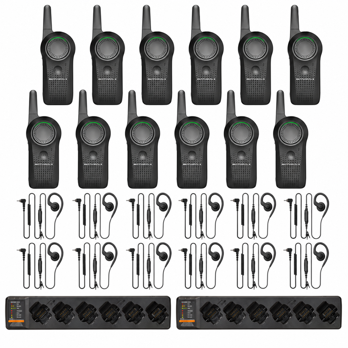 Twelve Motorola CURVE DLR110 radios, twelve PMLN8311 wired earpieces and two PMPN4589 six-bay charging banks on white.