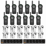 Twelve Motorola CURVE DLR110 radios, twelve PMLN8311 wired earpieces and two PMPN4589 six-bay charging banks on white.