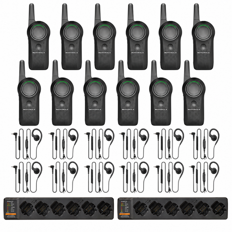 Twelve Motorola CURVE DLR110 radios, twelve PMLN8311 wired earpieces and two PMPN4589 six-bay charging banks on white.