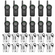 Twelve Motorola CURVE DLR110 radios and twelve PMLN8311 wired earpieces on white.