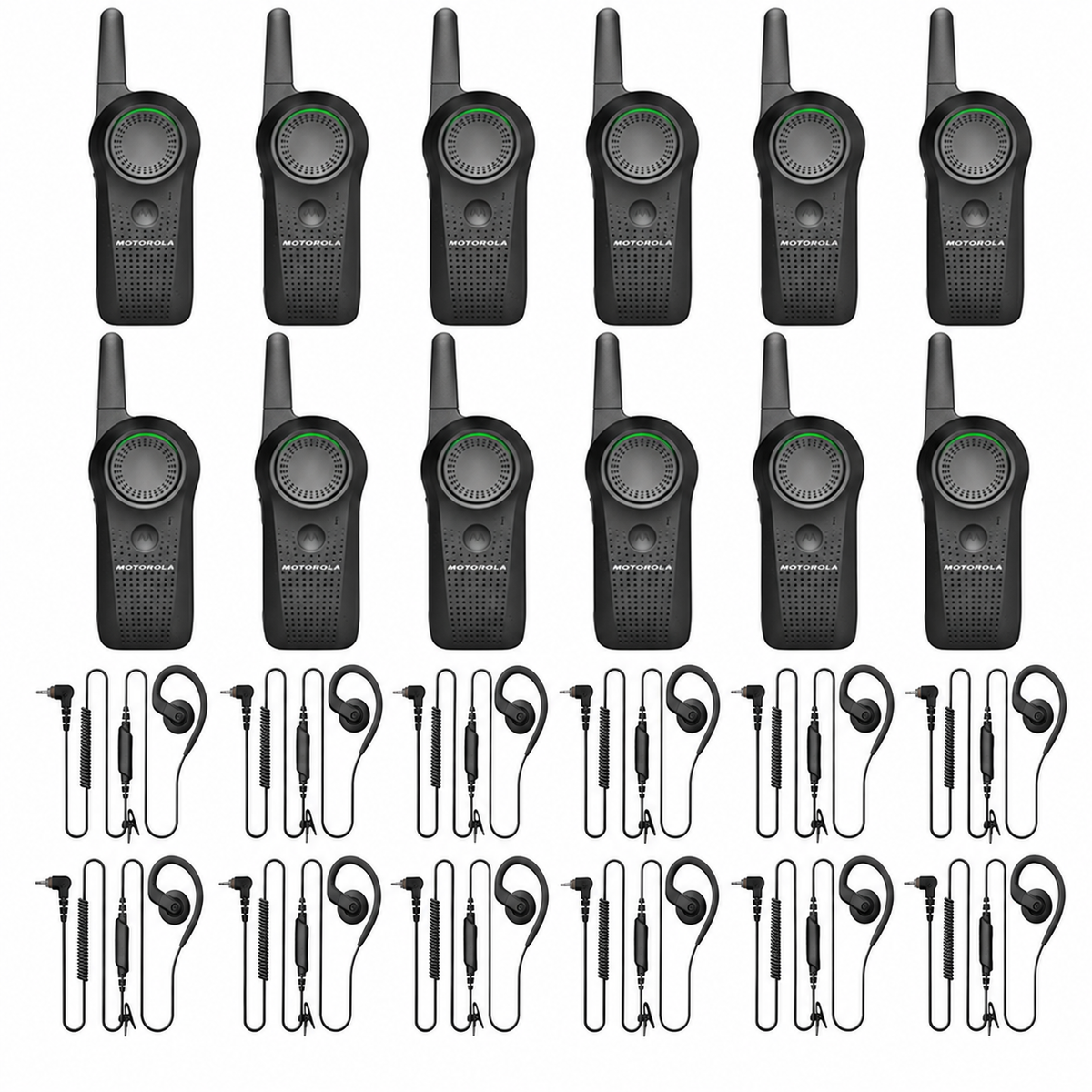 Twelve Motorola CURVE DLR110 radios and twelve PMLN8311 wired earpieces on white.