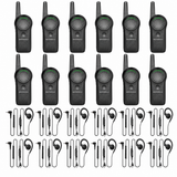 Twelve Motorola CURVE DLR110 radios and twelve PMLN8311 wired earpieces on white.