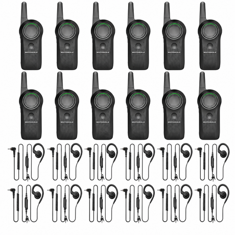 Twelve Motorola CURVE DLR110 radios and twelve PMLN8311 wired earpieces on white.