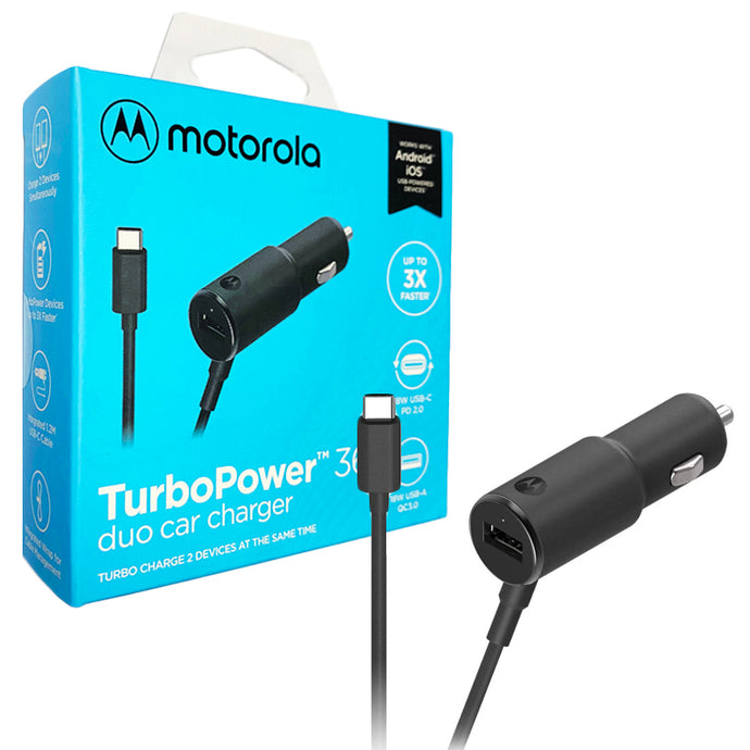Compact black Motorola SJV101 Duo Car Charger featuring a USB-C port with fast charging and a USB-A port with Qualcomm Quick Charge 3.0 technology, ideal for charging Motorola TLK Series radios and other devices simultaneously.