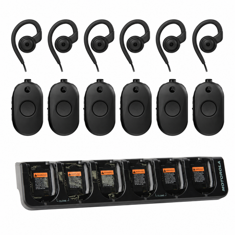 Motorola CLP1080e bundle with six radios, six earpieces and a six-slot charging dock
