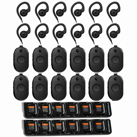 CLP1010e 12 Pack Bundle w/  2 HKPN4007 Multi-Unit Chargers with twelve radios, twelve PMLN8077 earpieces and two six-bank chargers