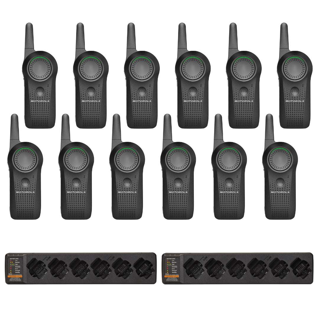 Motorola CURVE DLR110 12 Pack Bundle with 2 PMPN4589 Multi-Unit Chargers, featuring 12 digital two-way radios and dual chargers for efficient team communication in retail, hospitality, and event management.