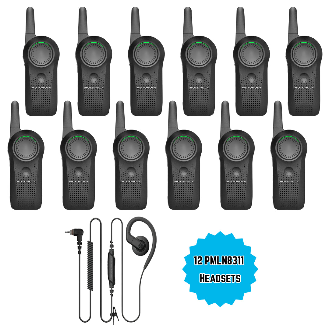 Motorola CURVE DLR110 12 Pack Bundle featuring 12 two-way radios and 12 PMLN8311 headsets designed for seamless communication in fast-paced environments.