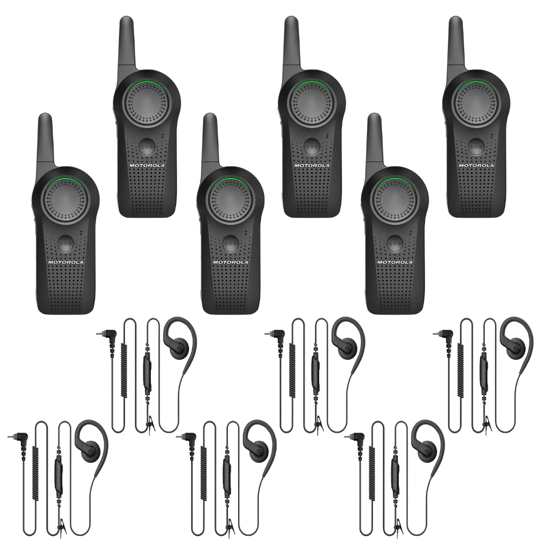 Image of the Motorola CURVE DLR110 6 Pack Bundle with PMLN8311 Headsets, featuring six Motorola CURVE DLR110 radios and six PMLN8311 earpieces for hands-free communication, ideal for efficient business operations in retail, hospitality, and event management