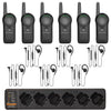 Image of the Motorola CURVE DLR110 6 Pack Bundle with Multi-Unit Charger and PMLN8311 Headsets, showcasing six Motorola CURVE DLR110 radios, six PMLN8311 earpieces for hands-free communication, and the PMPN4589 multi-unit charger for efficient charging, ideal for seamless business communication solutions.