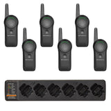 Image of the Motorola CURVE DLR110 6 Pack Bundle with Multi-Unit Charger, featuring six compact and durable DLR110 two-way radios and a PMPN4589 multi-unit charger designed for efficient communication and simultaneous charging.