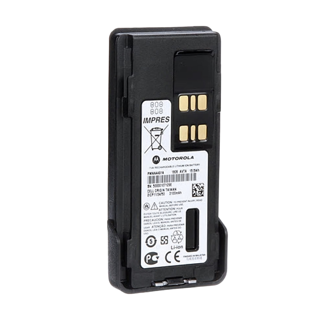 Motorola PMNN4491 IMPRES 2100mAh Li-Ion battery for XPR two-way radios, dust- and water-resistant with UL safety certification.