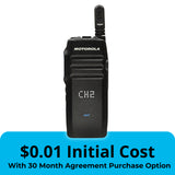 Front view of the Motorola TLK100 LTE walkie talkie—rugged design with push-to-talk and always-connected nationwide coverage.

