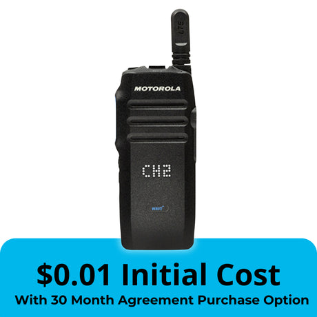 Front view of the Motorola TLK100 LTE walkie talkie—rugged design with push-to-talk and always-connected nationwide coverage.
