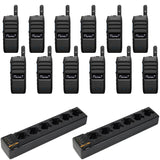 Image of the Motorola TLK110 12 Pack Bundle with 2 Multi-Unit Chargers, featuring twelve TLK110 two-way radios and two multi-unit chargers, ideal for large teams in industries like retail, construction, and hospitality requiring reliable nationwide push-to-talk communication.