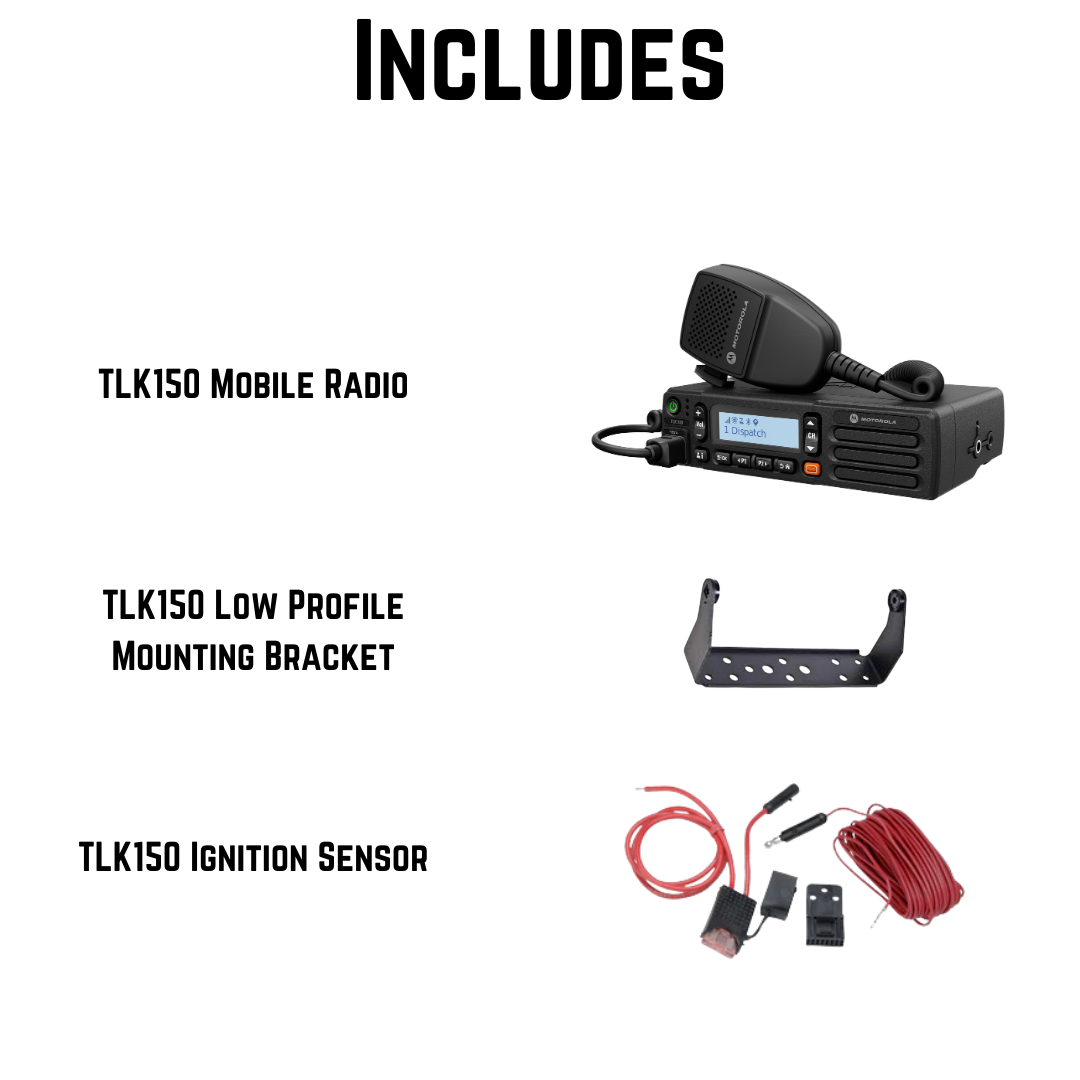 Motorola TLK150 Mobile Radio Bundle with High Profile Mounting Bracket and Ignition Sensor – Nationwide Push-to-Talk Over Cellular (PoC) for Business and Fleet Communication. Available at TwoWayRadioGear.com.