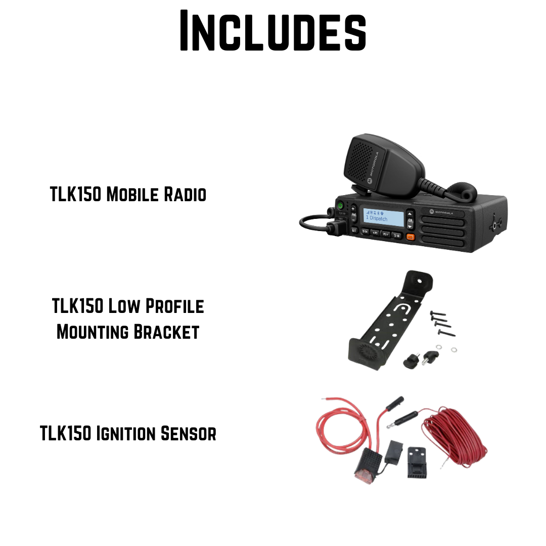 Motorola TLK150 Mobile Radio Bundle with Low Profile Mounting Bracket and Ignition Sensor – Nationwide Push-to-Talk Over Cellular (PoC) for Business and Fleet Communication. Available at TwoWayRadioGear.com.