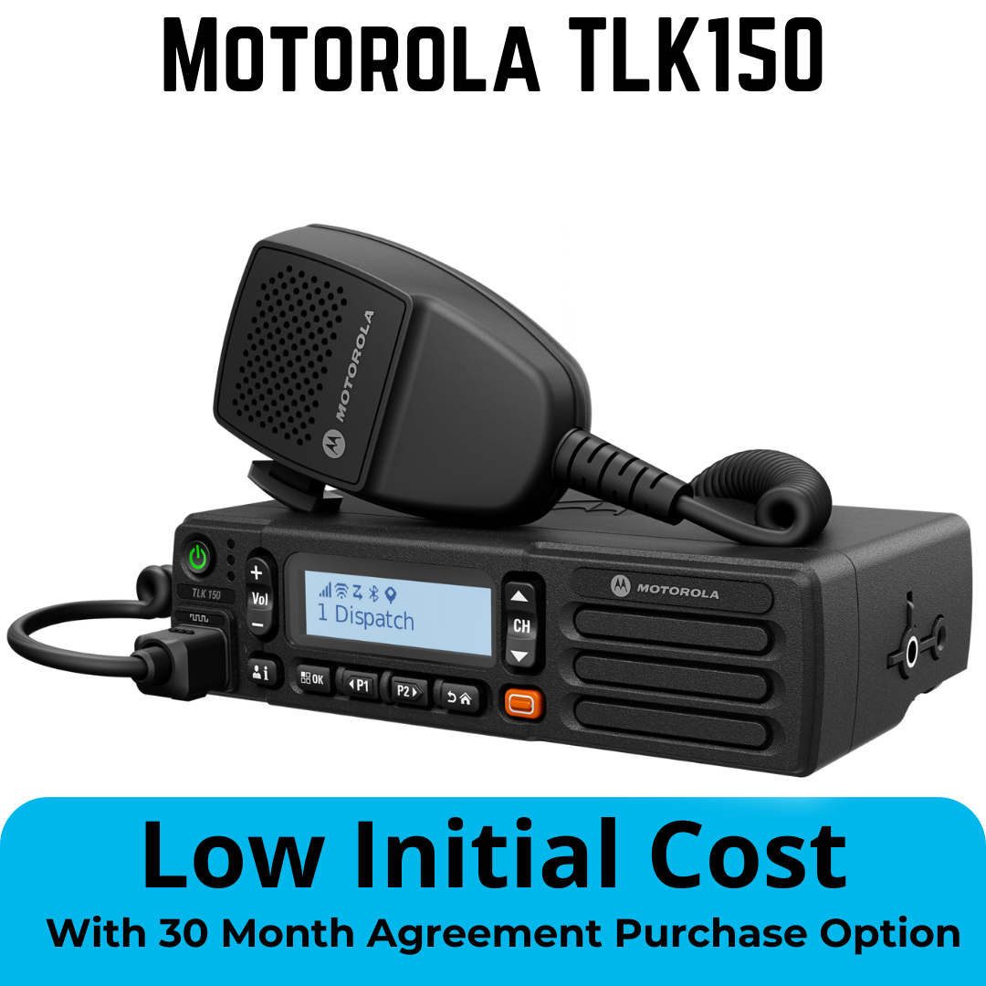 Motorola TLK150 Mobile Two-Way Radio – Low Initial Cost with 30-Month Agreement Purchase Option. Nationwide Push-to-Talk (PoC) Solution for Business and Fleet Communication. Available at TwoWayRadioGear.com.