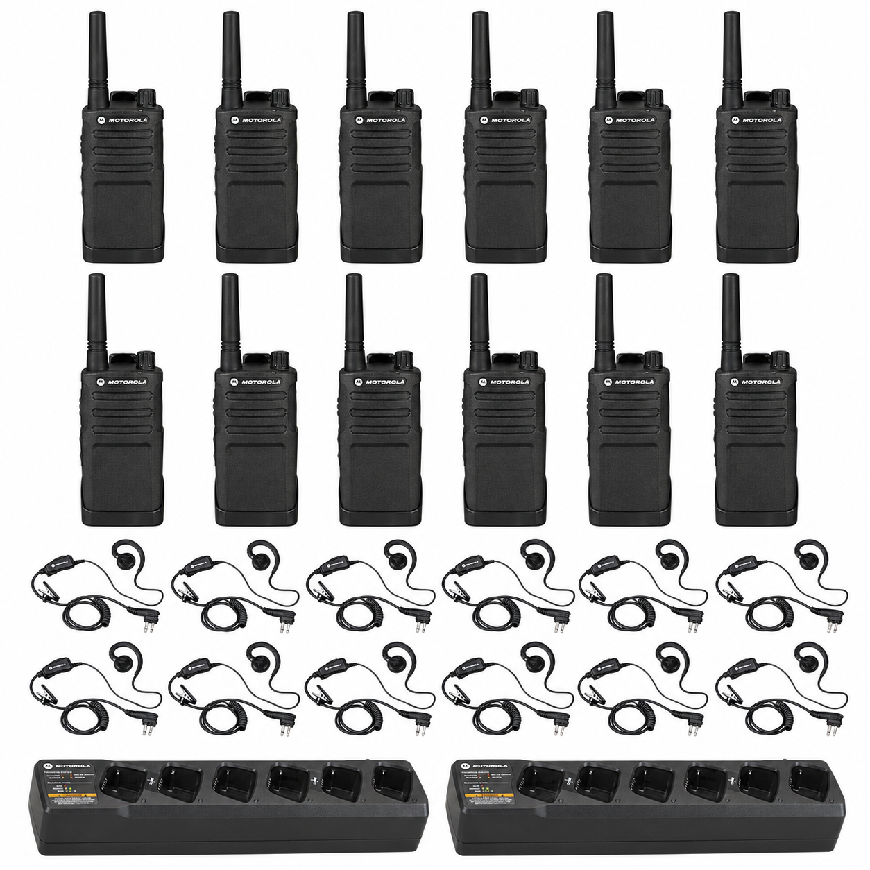 Motorola RMM2050 12 pack plus Multi Unit Charger plus headsets