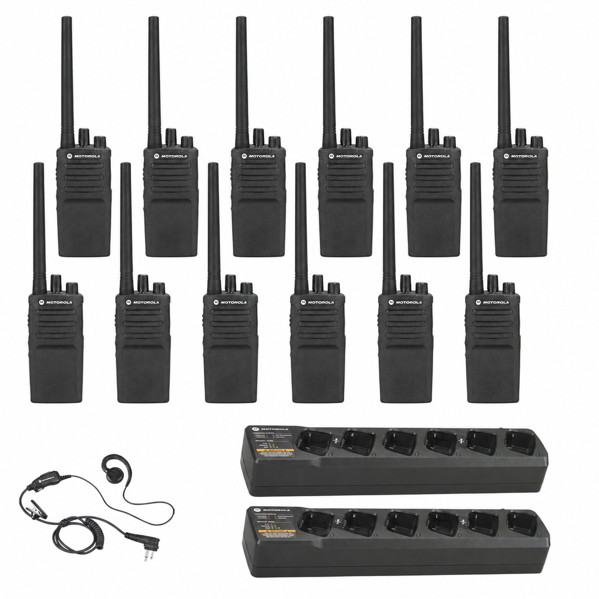 Motorola RMV2080 twelve-radio bundle with two multi-unit chargers and headset